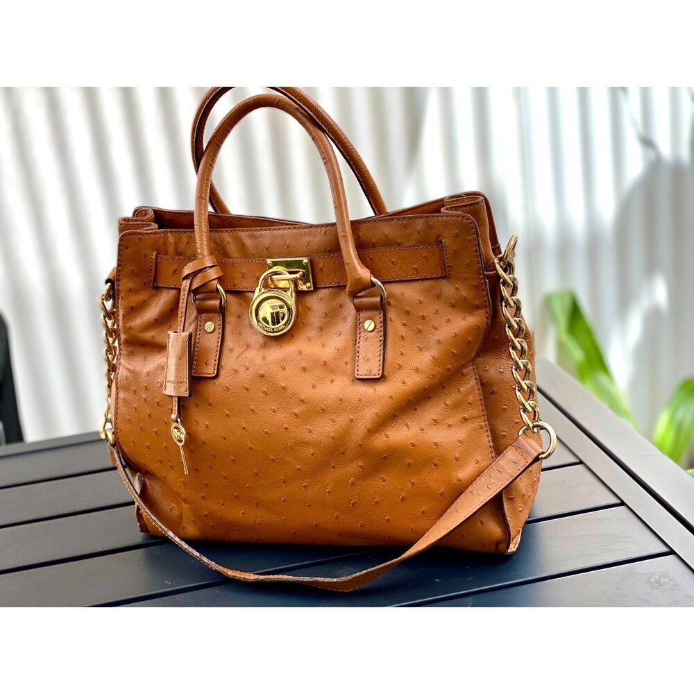 Michael Kors Caramel Ostrich Print Leather Satchel Crossbody Strap and Logo Lock